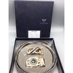 Leather Men's Ratchet Dress Belt, 2 Gold Tone Buckles, 125cm/ 47 in